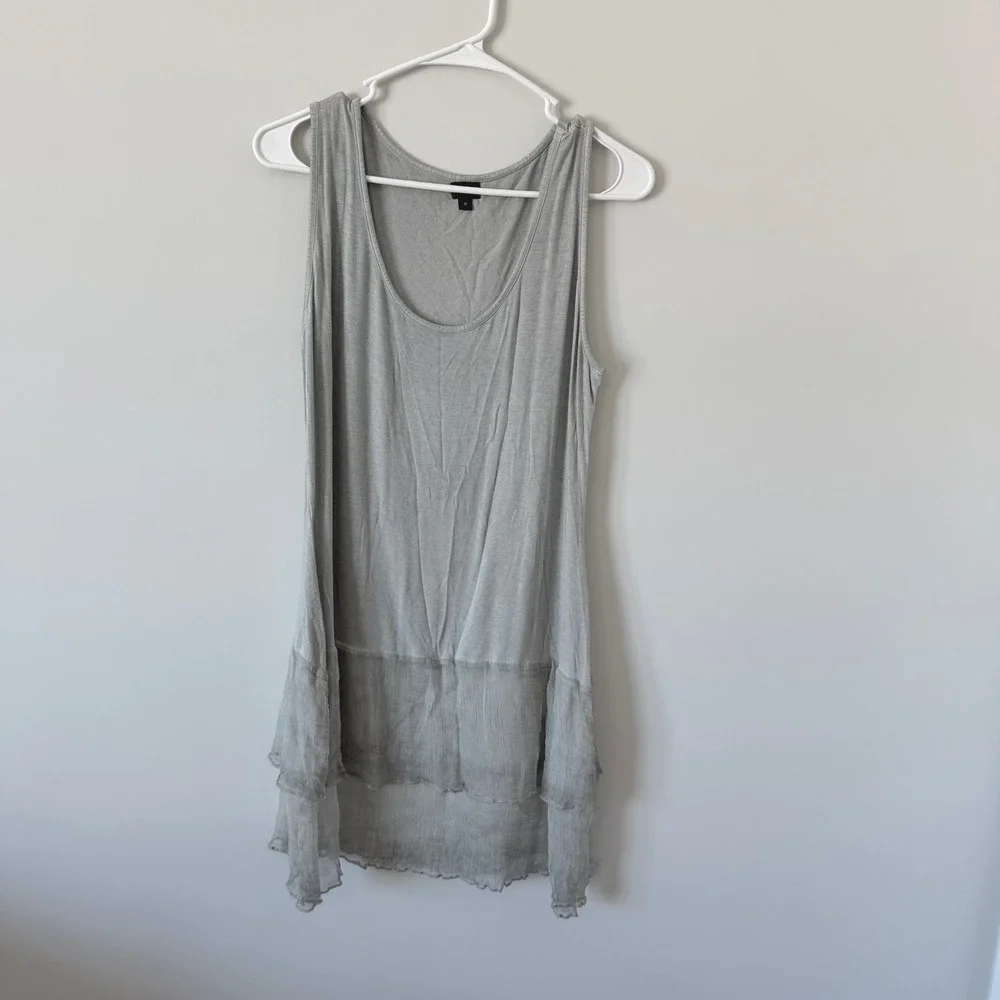 Fantazia Women Gray 3 Pc Set Linen Blend Tunic Tank Sheer Overlay‎ Scarf MED New