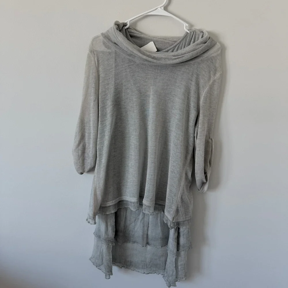Fantazia Women Gray 3 Pc Set Linen Blend Tunic Tank Sheer Overlay‎ Scarf MED New
