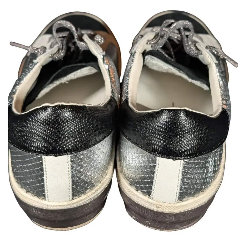 Dolce Vita Metallic Silver Black Leather Sneakers Gum Sole Women's 10