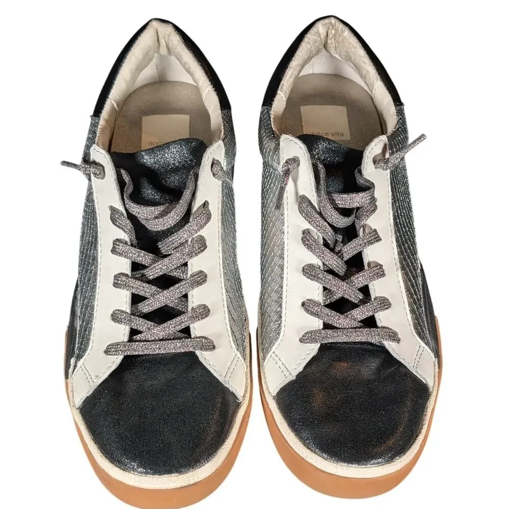 Dolce Vita Metallic Silver Black Leather Sneakers Gum Sole Women's 10