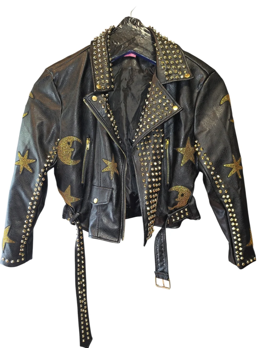 Azalba  Wang Black Leather Studded Biker Jacket with Gold Stars W 1x