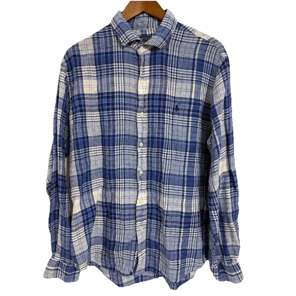 Polo Ralph‎ Lauren Shirt Linen Button Up XL Blue Plaid Pony Long Sleeve