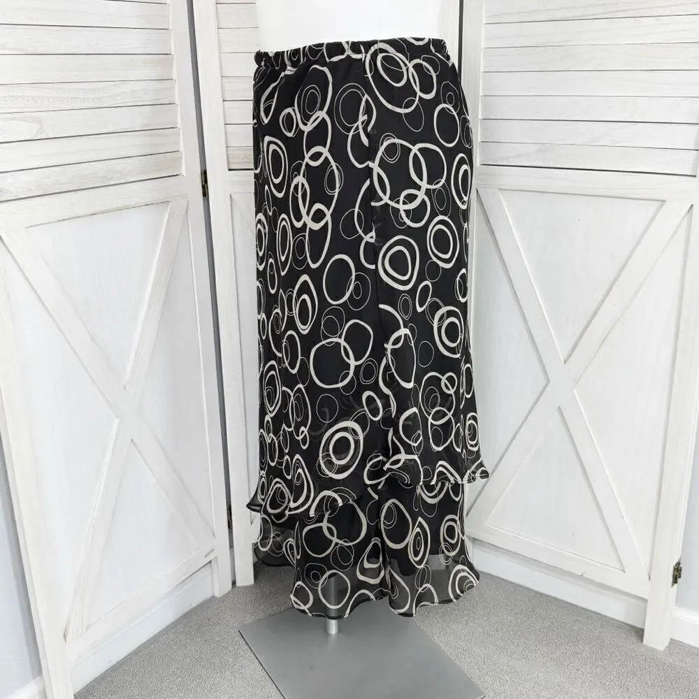 Karin Stevens Layered Chiffon Geometric Circle Print Midi‎ Skirt Black 16W