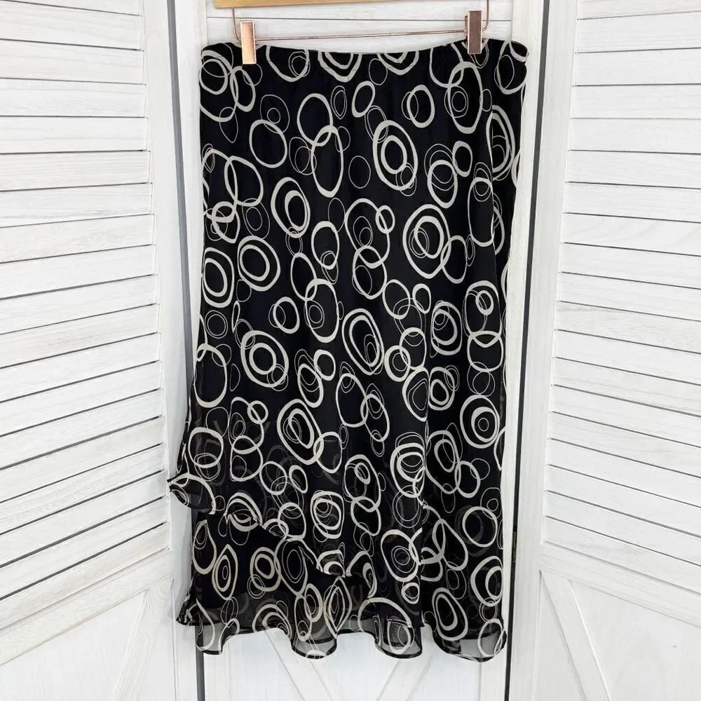 Karin Stevens Layered Chiffon Geometric Circle Print Midi‎ Skirt Black 16W