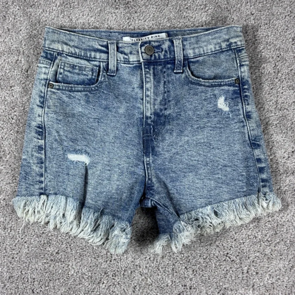 Celebrity Pink Acid Wash Blue Denim Shorts Frayed Hem Distressed Juniors Sz 1/25