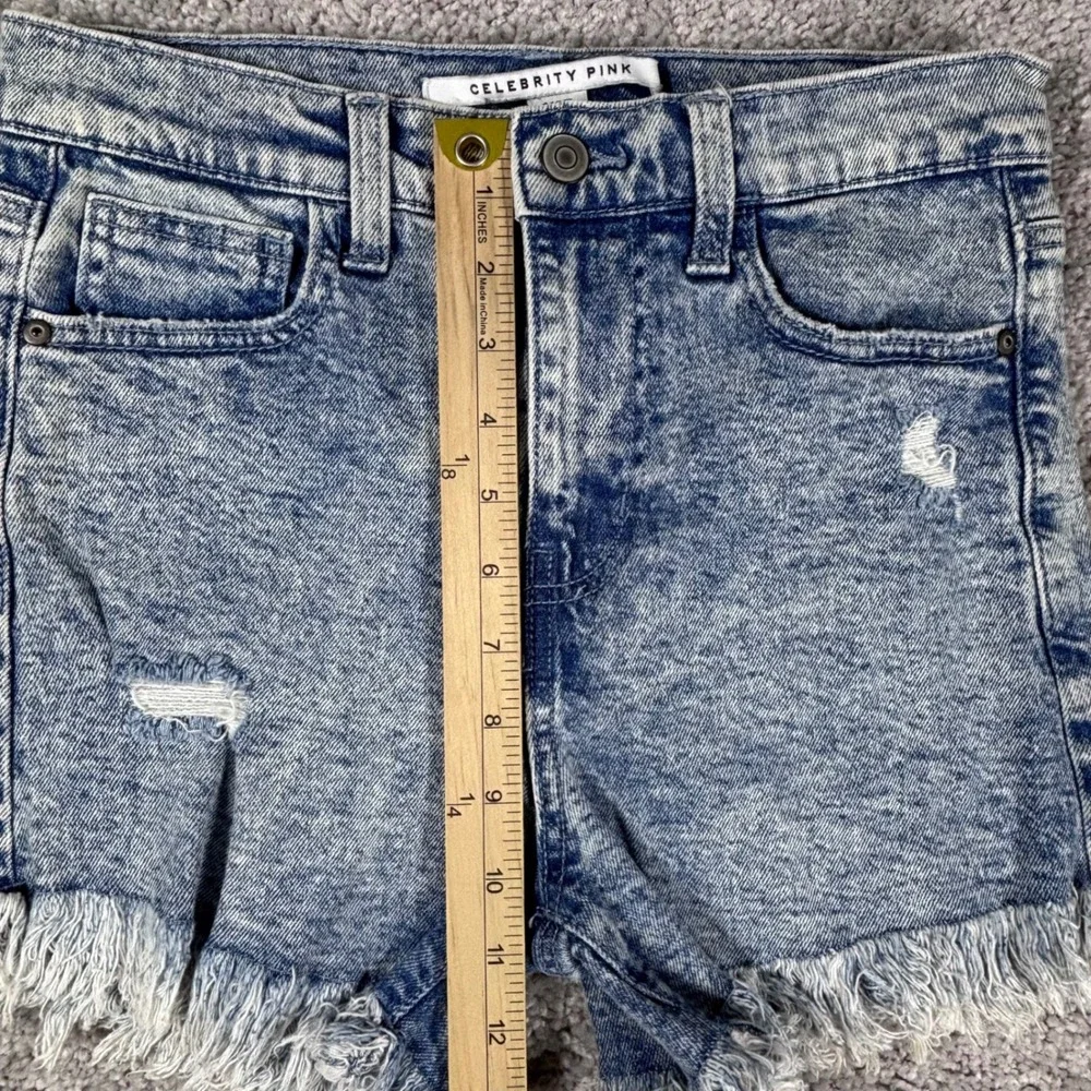 Celebrity Pink Acid Wash Blue Denim Shorts Frayed Hem Distressed Juniors Sz 1/25