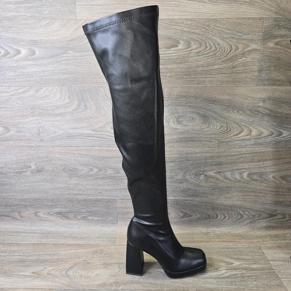 Dolls Kill Knee High Boots Women's 6 Black Stretchy Baddie Square Toe Festival‎