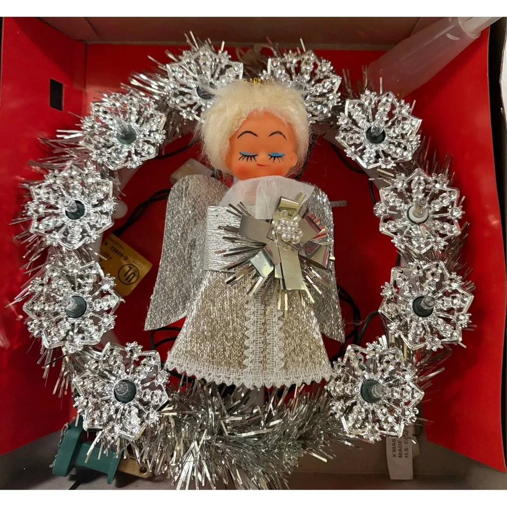 Vintage Americas Christmas Store Angel Tree Topper Silver Tinsel Wreath