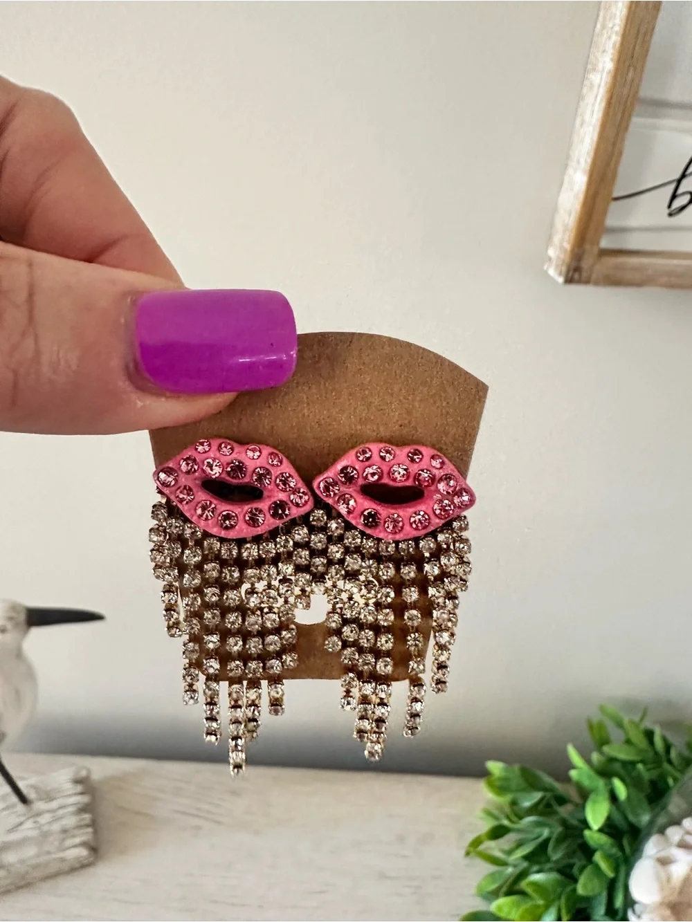 Pink Lip Kiss Rhinestone Fringe Earrings