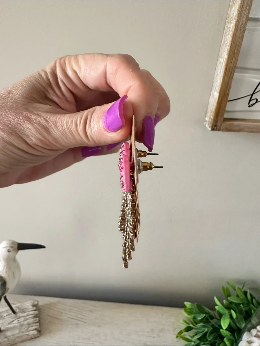 Pink Lip Kiss Rhinestone Fringe Earrings