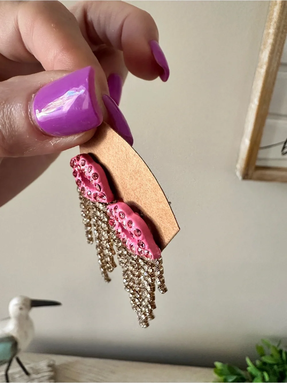 Pink Lip Kiss Rhinestone Fringe Earrings