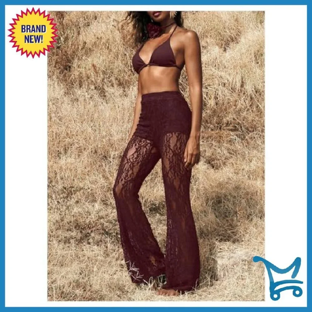 Sheer Mesh Flare Pants High Waisted Elastic Casual Trousers