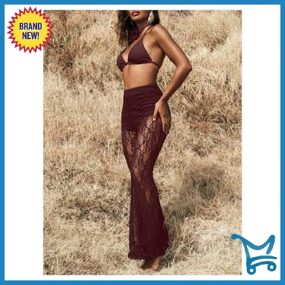 Sheer Mesh Flare Pants High Waisted Elastic Casual Trousers