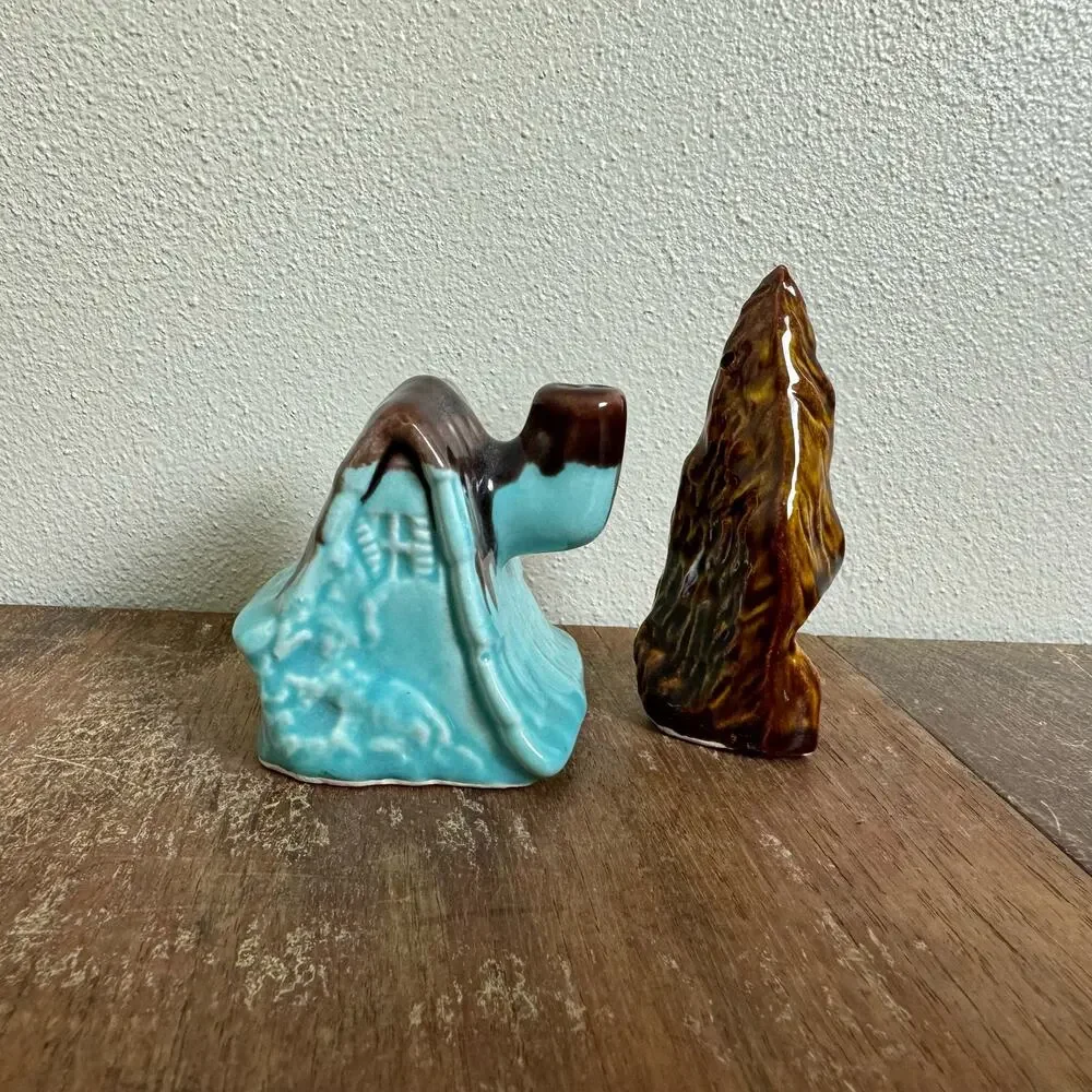 Vintage blue & Brown‎ House & tree Salt and pepper shakers Kitsch decor