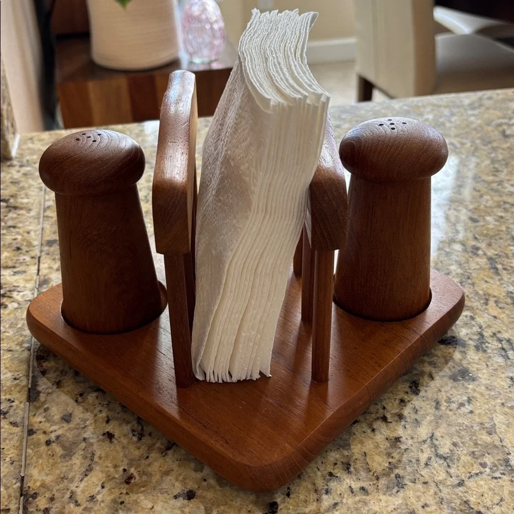Vintage Teak Wood Salt & Pepper Shakers  Napkin Holder MCM‎ mid-century modern