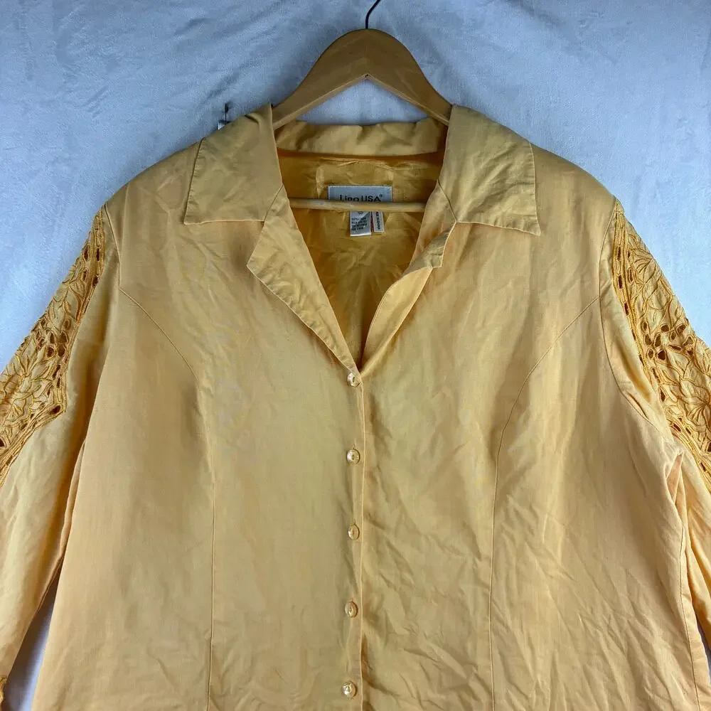 Lino USA 100% Linen Button Up Blouse Women 1X Embroidered Lace Flare Sleeve READ
