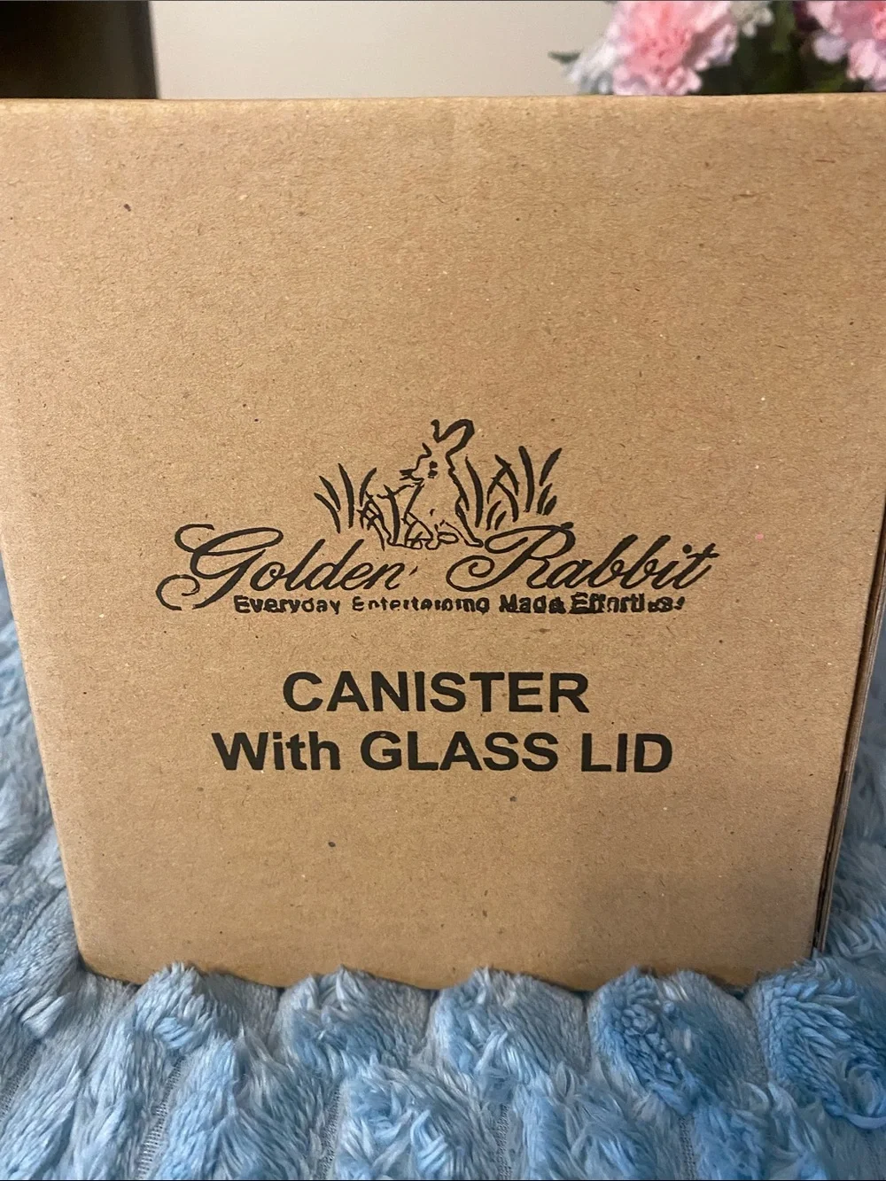 Golden Rabbit Solid Black Textured Enamelware Canister w/ a glass lid New In Box