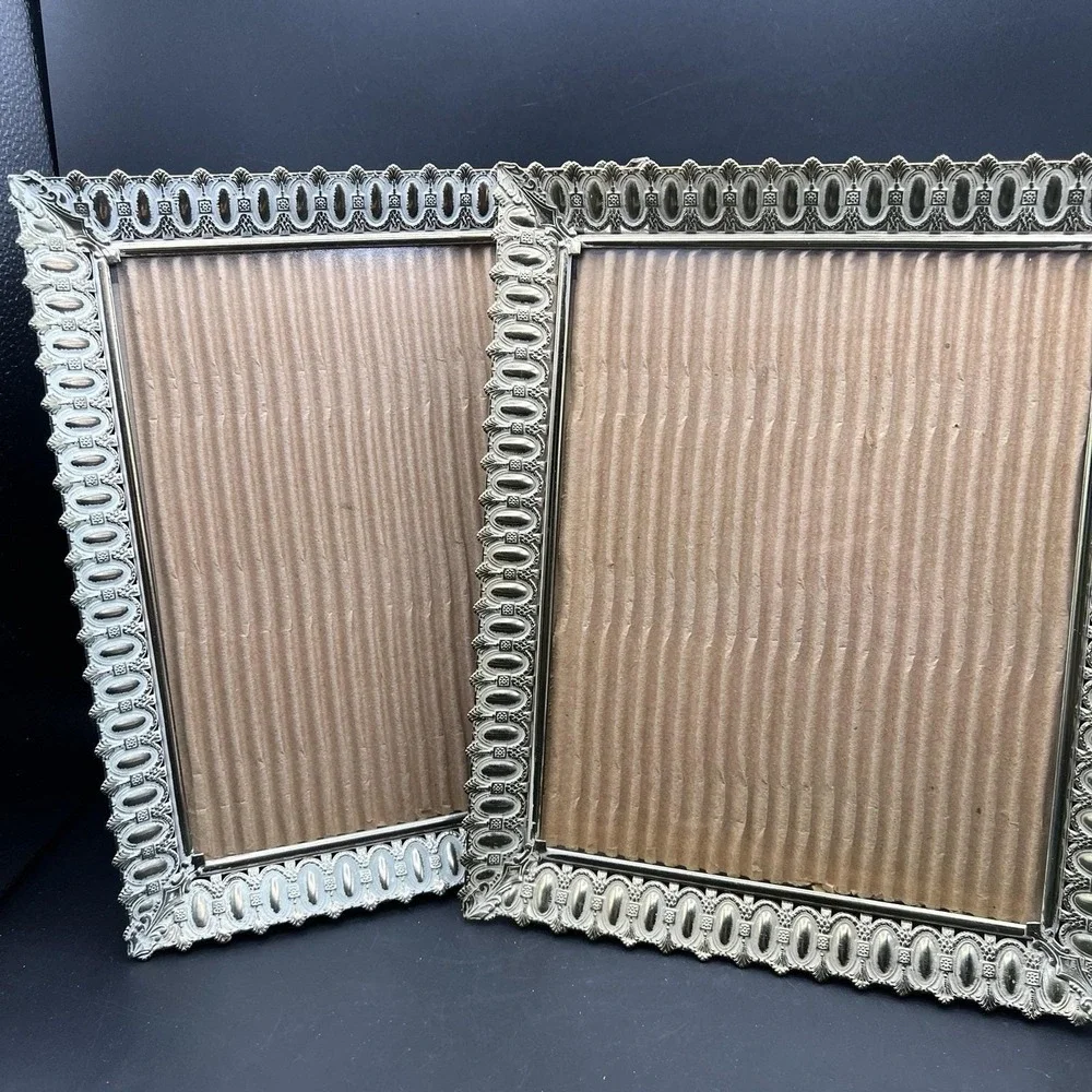 2 VTG Picture Frame Regency Gold Metal Filigree Fancy Ornate Clear Glass 8x10