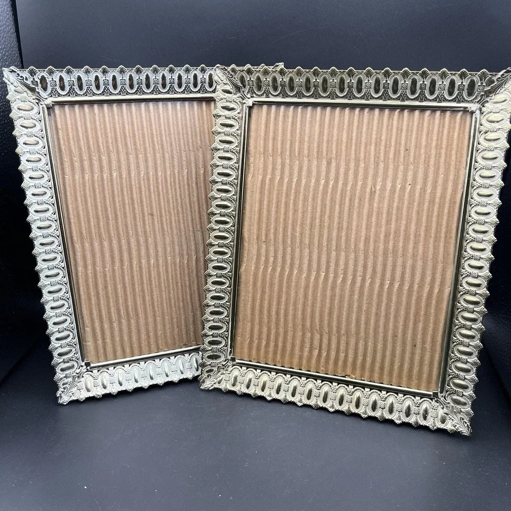 2 VTG Picture Frame Regency Gold Metal Filigree Fancy Ornate Clear Glass 8x10