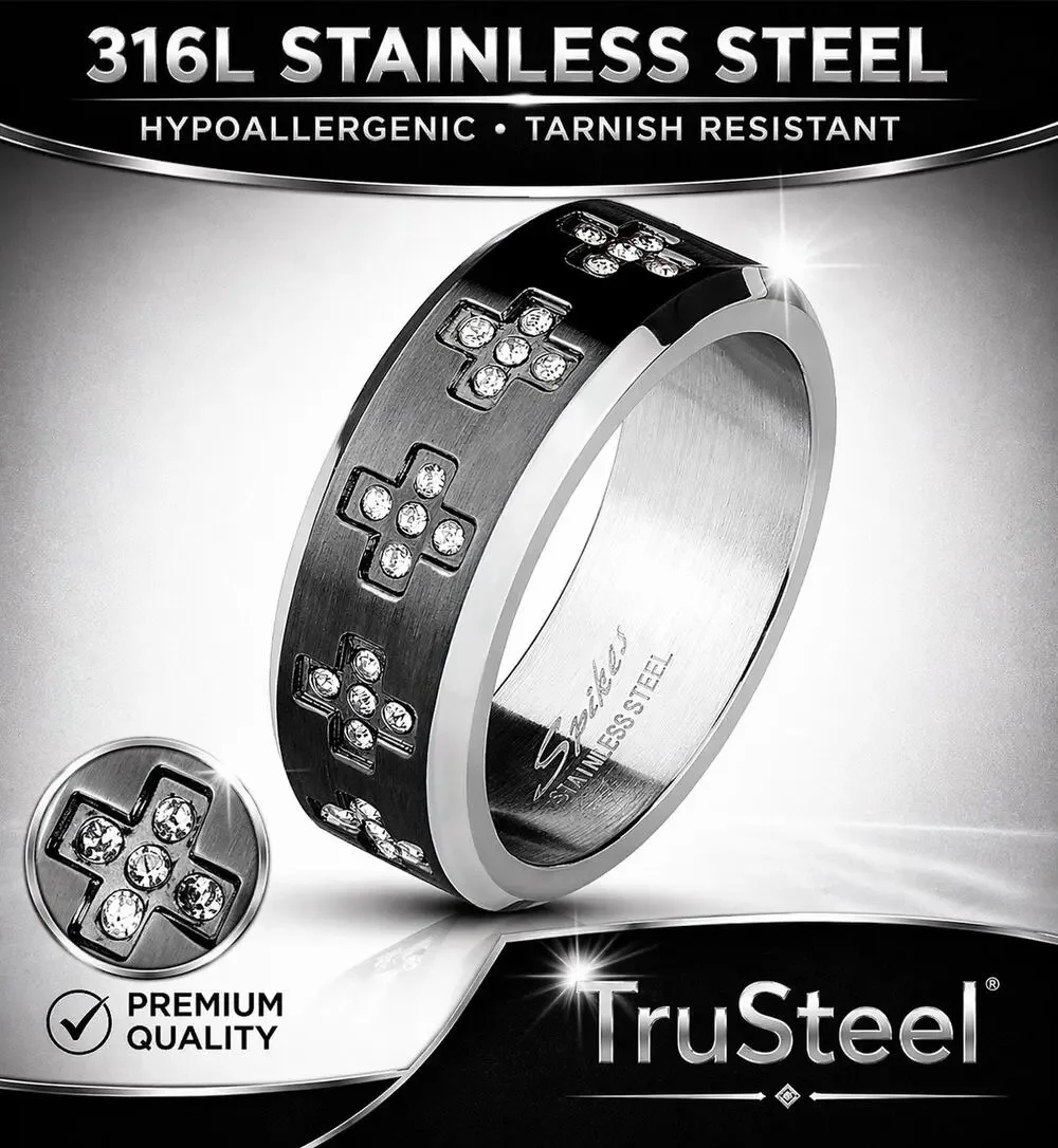 Men’s CZ Set Cross Around on Black IP Center‎ Stainless Steel Ring Size 12