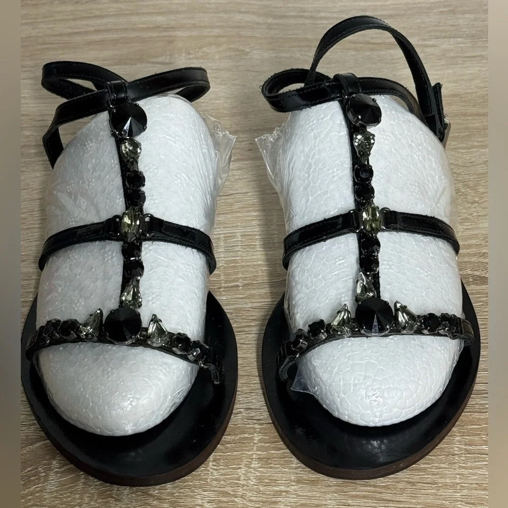 Ferragamo Patent Leather Crystal Embellishment Strappy Sandals Black Size 4M