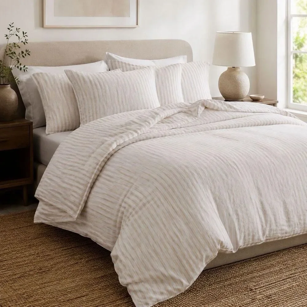 Quince Full Queen European Linen Duvet Cover SET Natural White Stripe RARE
