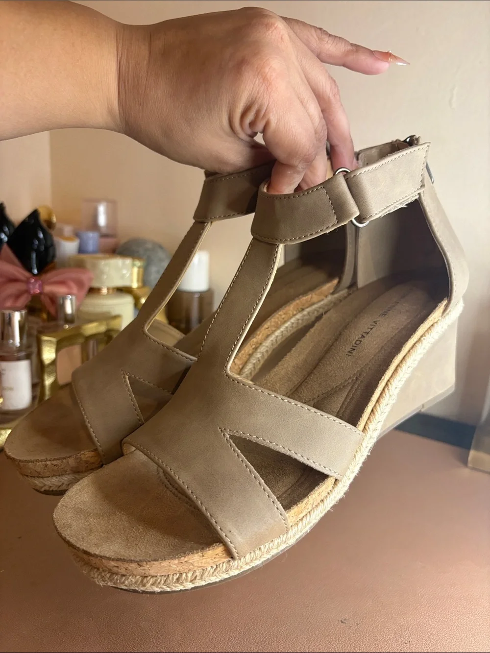 Adrienne Vittadini Taupe T-Strap Espadrille Wedge Sandals