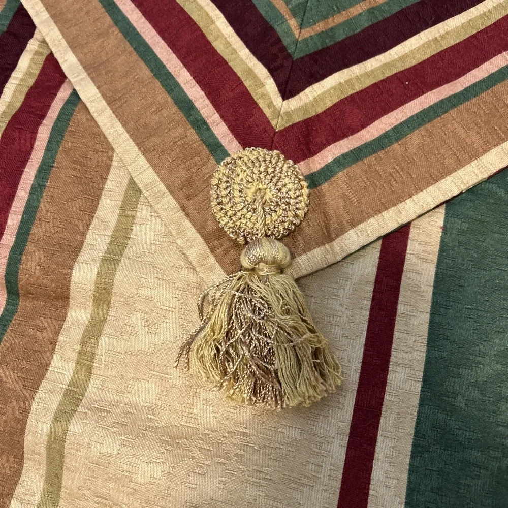 Custom Made Queen Bedskirt and 4 Shams Gold Green Red Stripe Tassel Fringe  1399