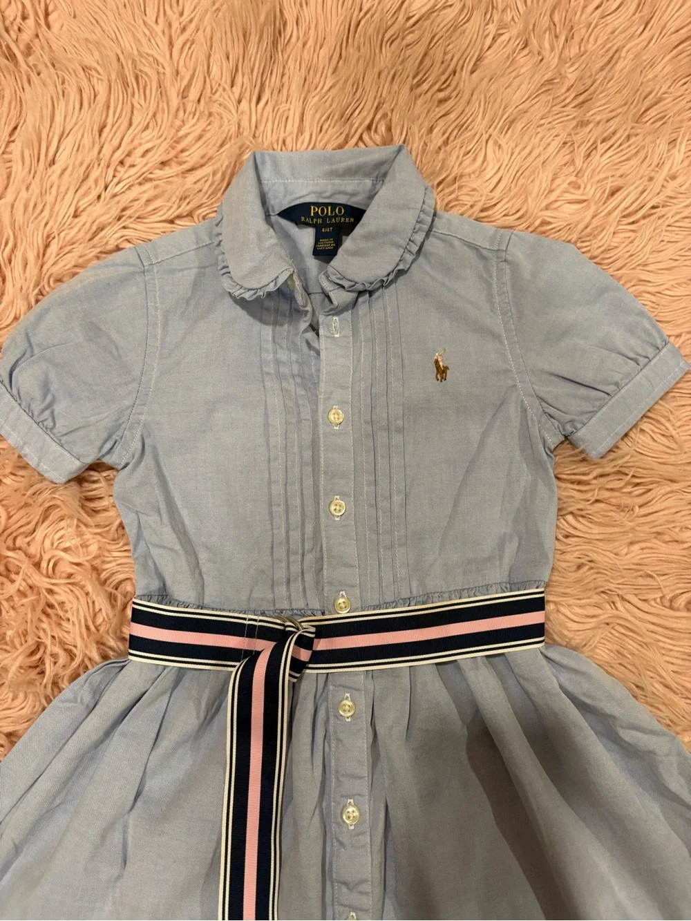 Ralph Lauren Light Blue Cotton Shirt Dress with Striped Ribbon Belt