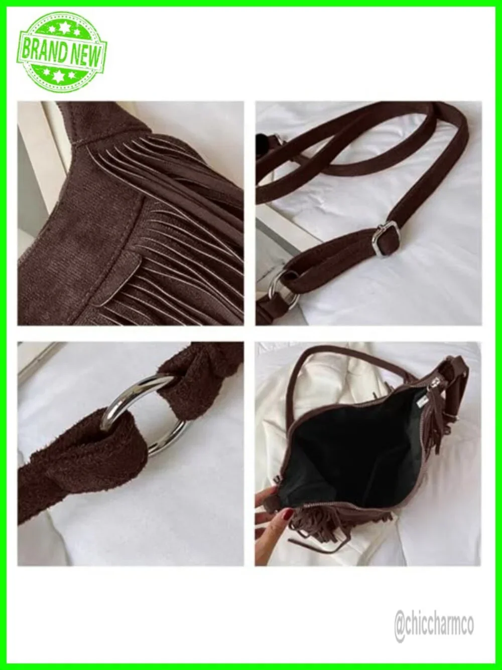 Vegan Suede Fringe Crossbody Hobo Bag with Tassel