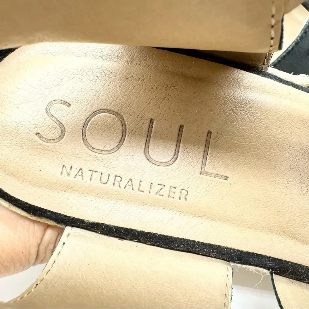 Soul Naturalizer Oshay Black Leather Espadrille Strappy Wedge Heel Sandal Size 6