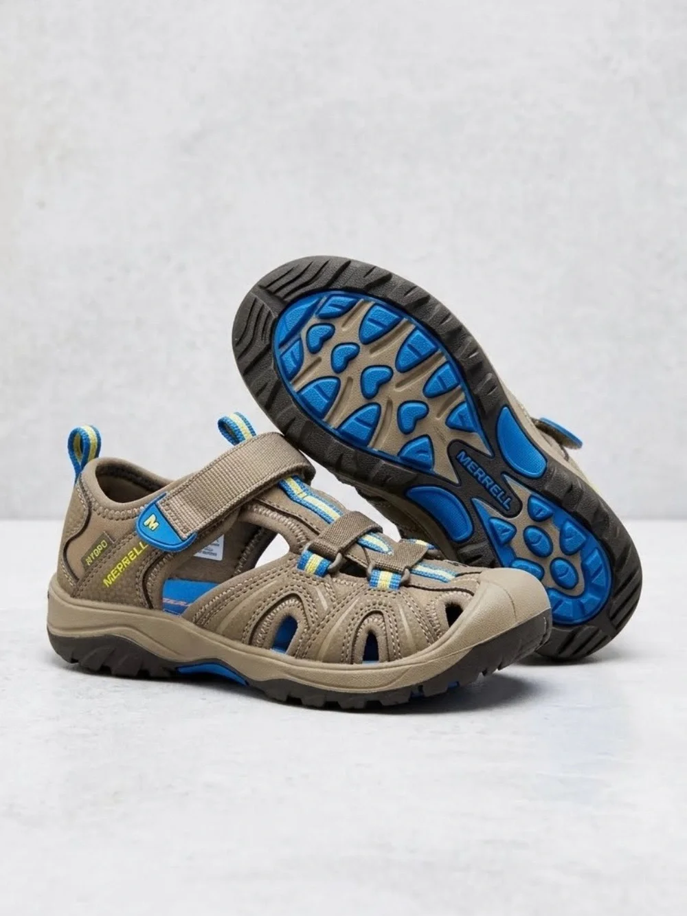 Merrell Kids Gray Hydro Sandal w/ Blue and Yellow Accents - water hiking sandal