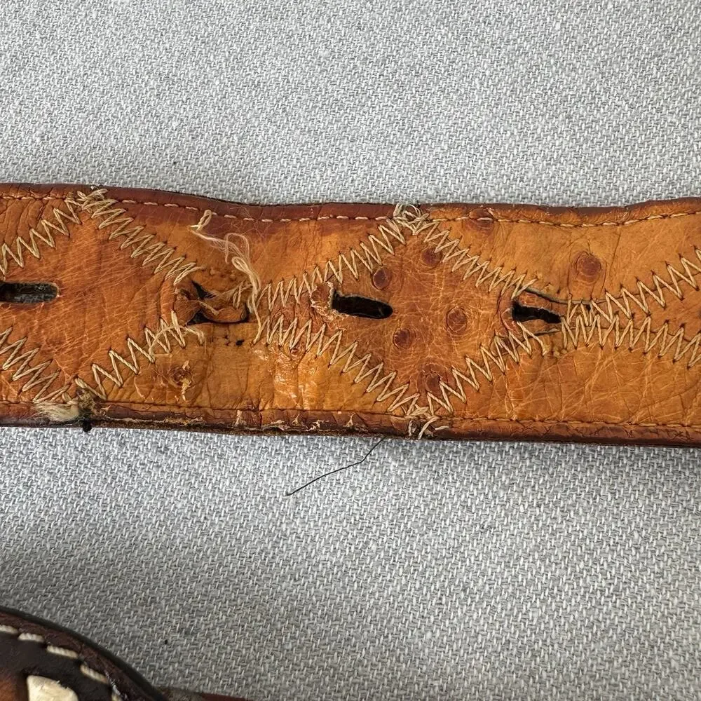 Vintage Justin Ostrich Leather Belt & Vtg Embroidered Rooster Belt Buckle Tan 36