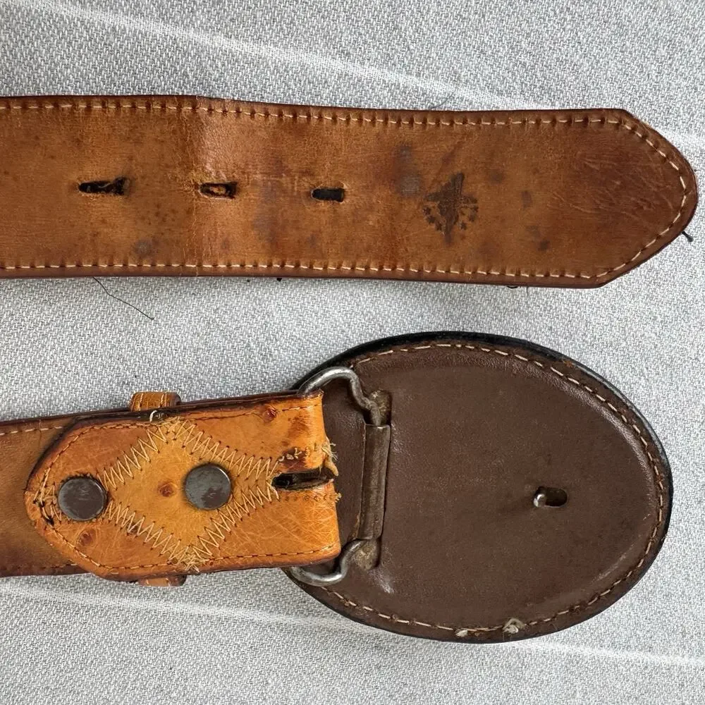 Vintage Justin Ostrich Leather Belt & Vtg Embroidered Rooster Belt Buckle Tan 36