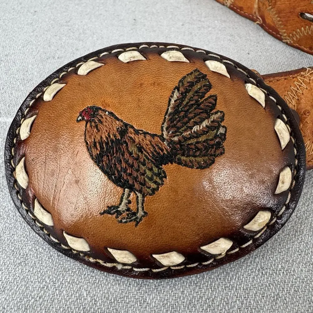Vintage Justin Ostrich Leather Belt & Vtg Embroidered Rooster Belt Buckle Tan 36
