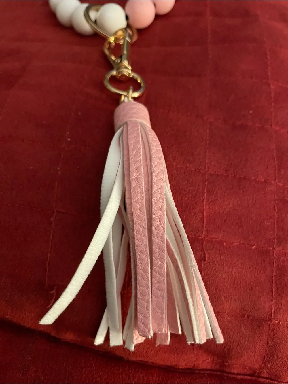 Beaded Pink & Gray Wristlet Keychain with Tassel
