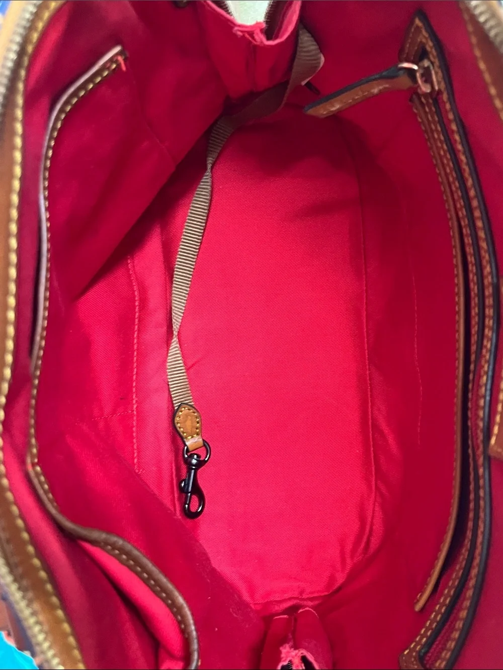Dooney & Bourke Navy Satchel with Brown Trim and Multicolor Motifs