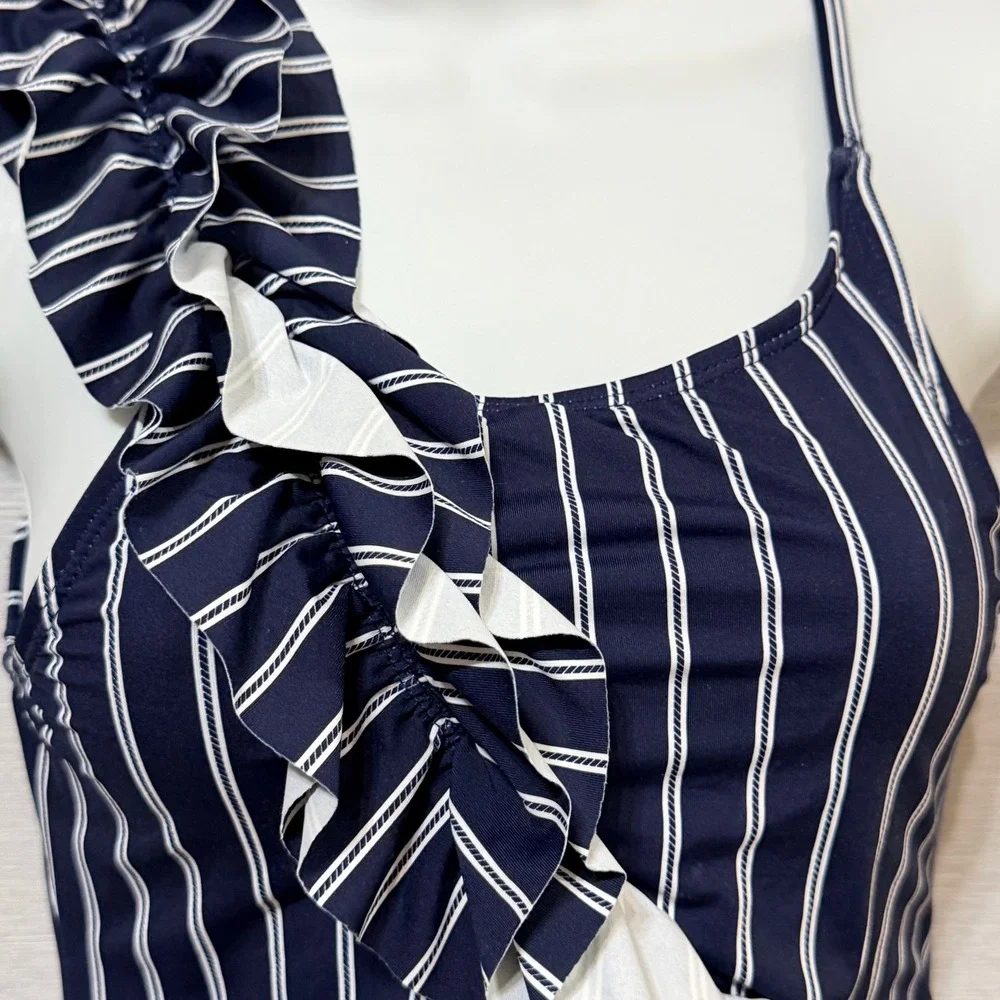 Habitual Girl Navy White Striped Ruffle One Piece Swimsuit Girls Size 14