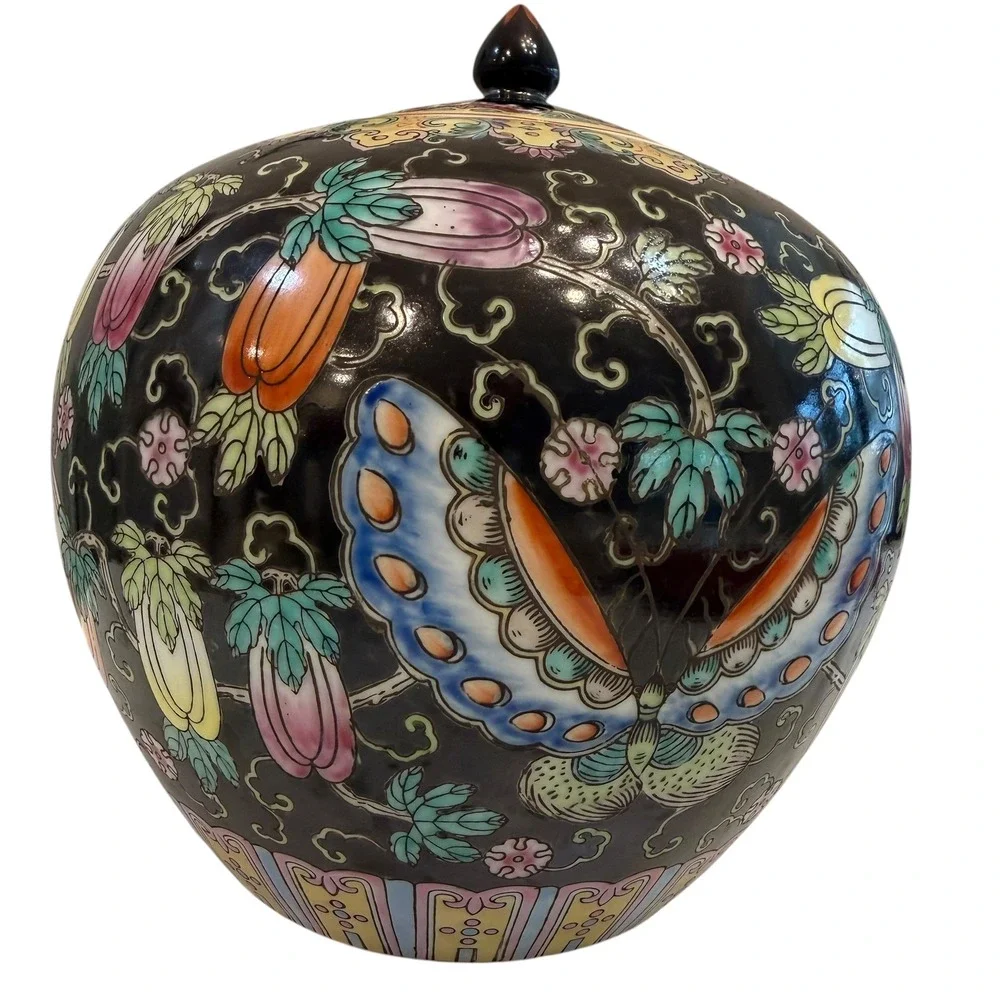 Vintage Black Famille Noire Chinese Porcelain Ginger Jar Celestial Moth 8.5in