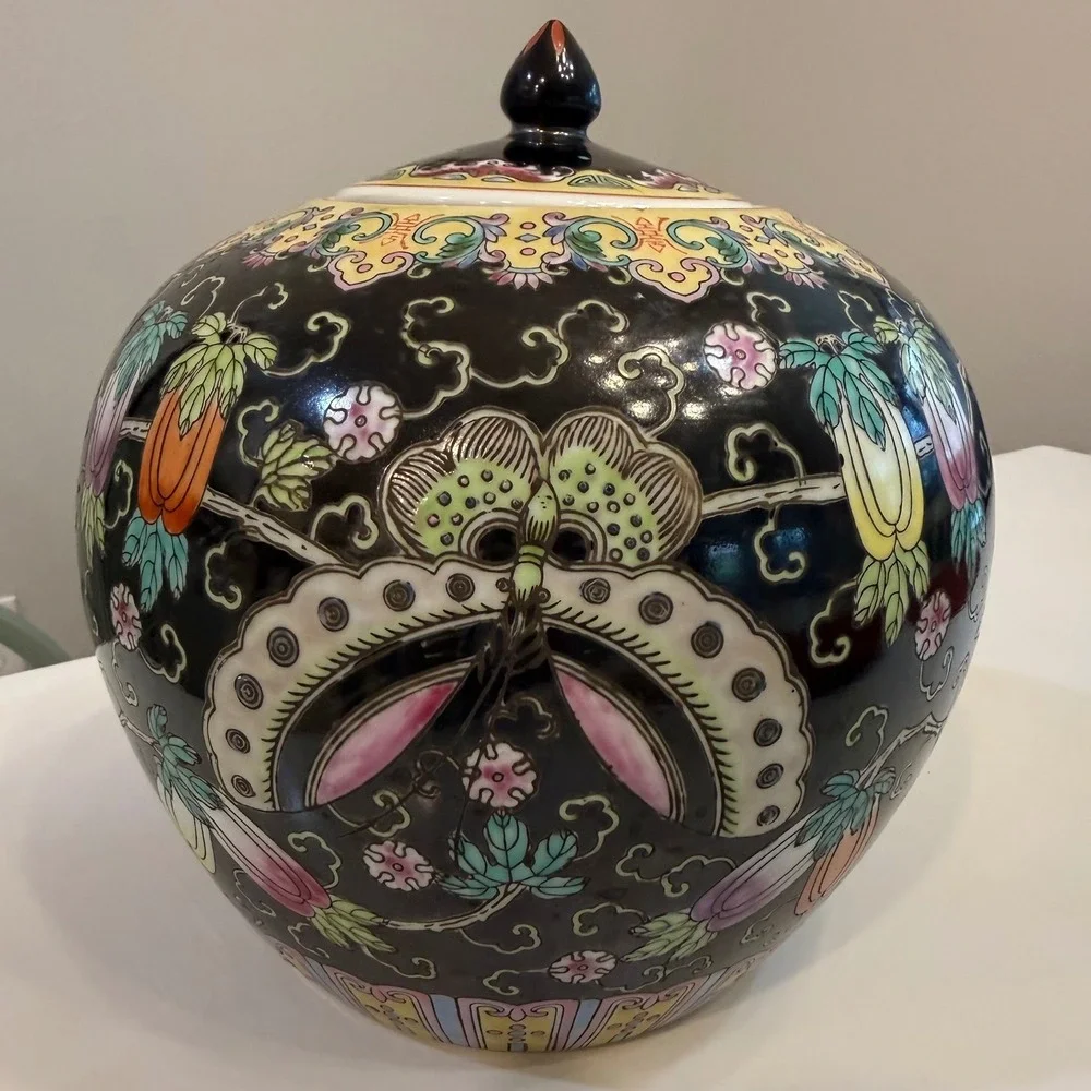 Vintage Black Famille Noire Chinese Porcelain Ginger Jar Celestial Moth 8.5in