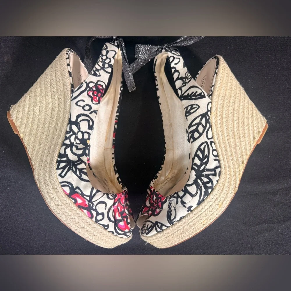 Coach Floral Espadrille Wedge Pumps in Black, White & Red