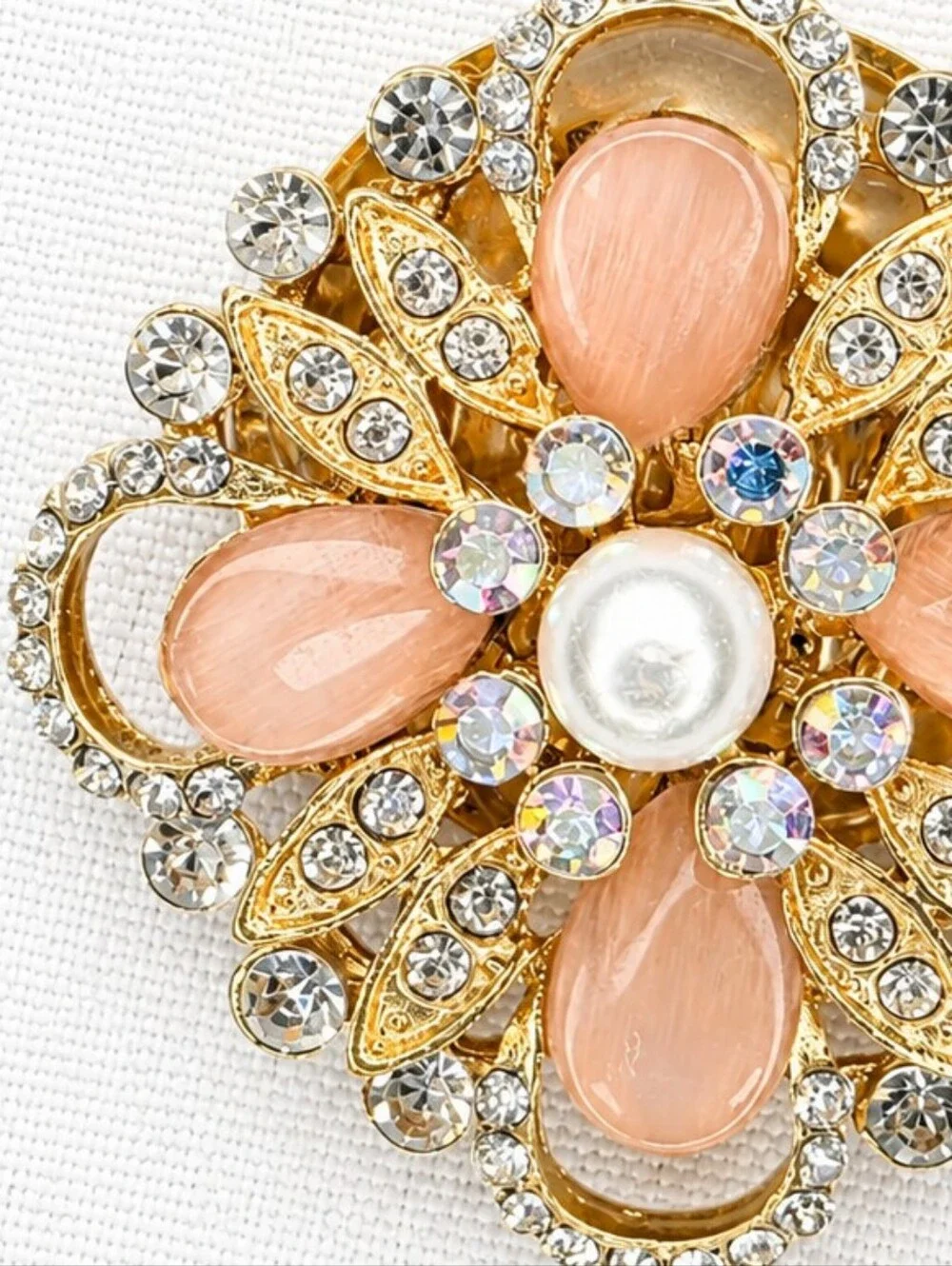 💎Gold Tone Pink Rhinestone Pearl Flower Brooch Pin Vintage Style Statement 3D
