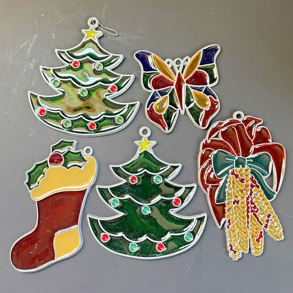 Vtg Lot‎ of 5 Faux Stained Glass Sun Catcher Christmas Window Ornaments Tree