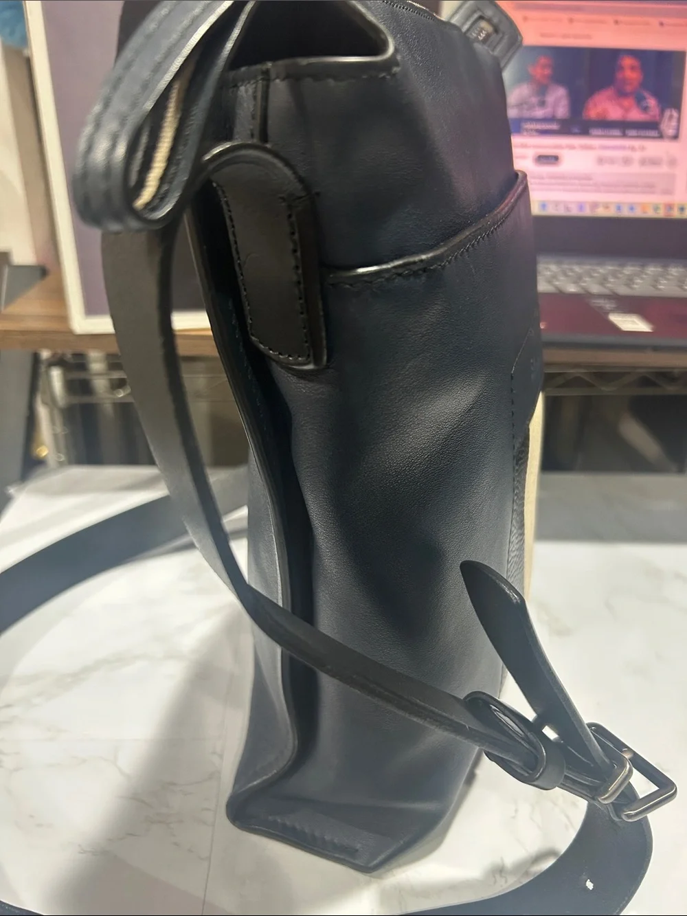 Bally Navy Leather Messenger Bag with Black & Cream Center Stripe