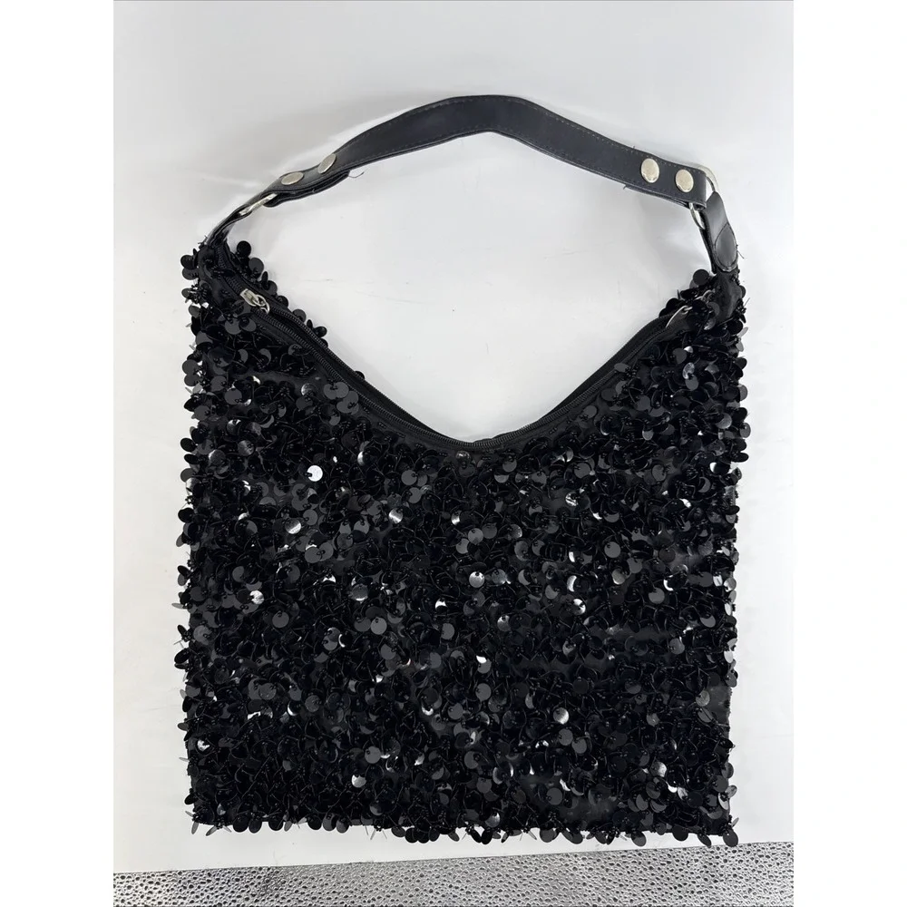 Y2K 90's Sequined Black Chrome Style Slouch Hobo Shoulder Bag Pockets‎