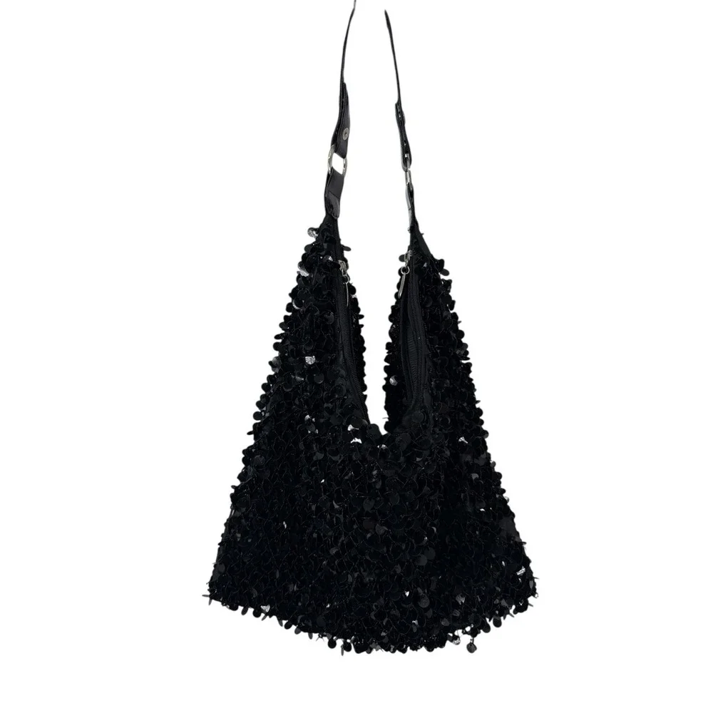 Y2K 90's Sequined Black Chrome Style Slouch Hobo Shoulder Bag Pockets‎