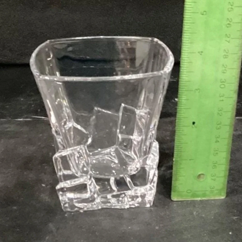 Ice Cube Sculpted‎ Rocks Glass, Vintage Square Whiskey Tumbler, Clear Barware