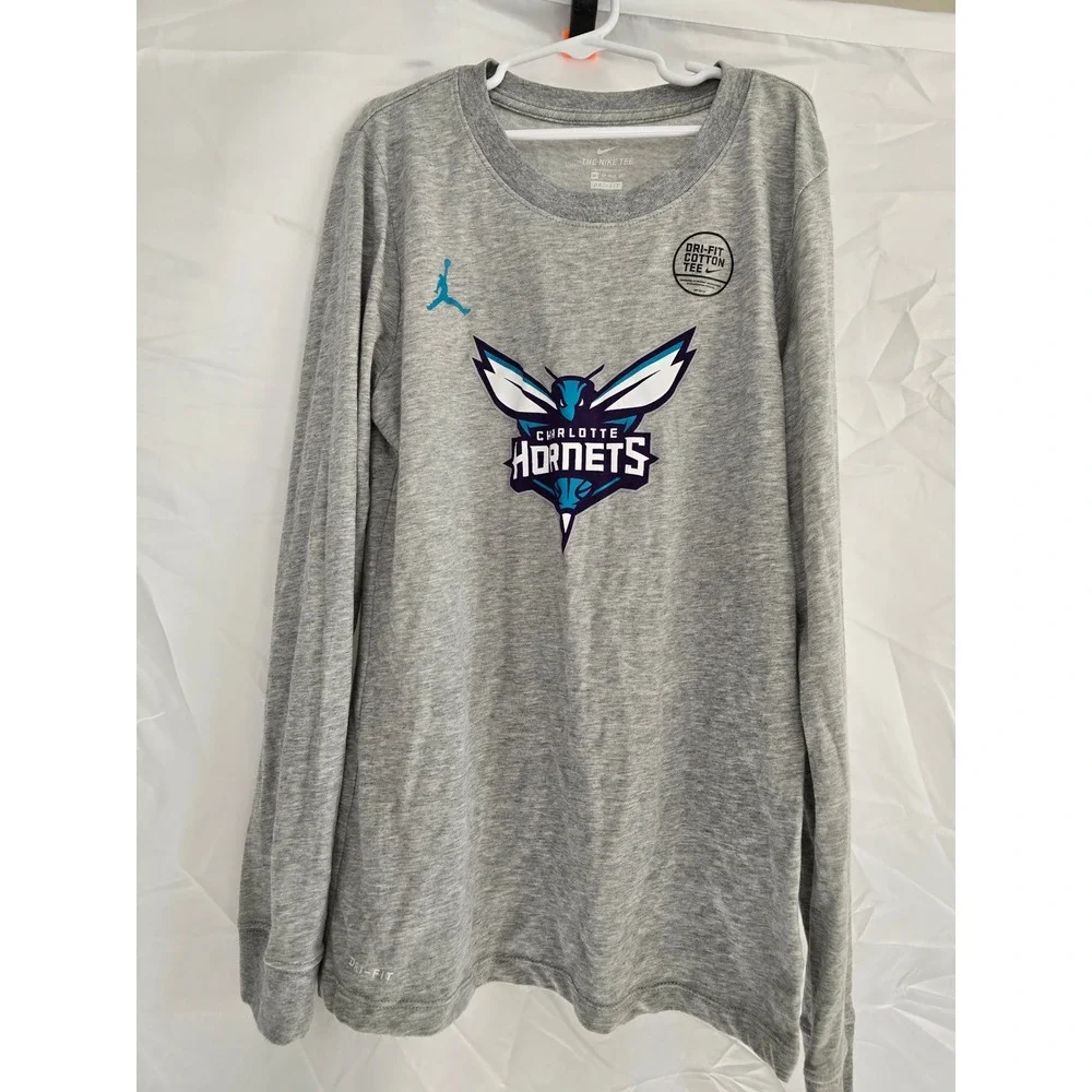 Kids Nike Jordan Charlotte Hornets Dri Fit‎ Cotton Tee Long Sleeve Gray XS