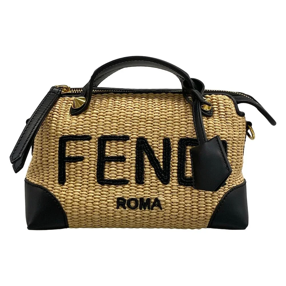 Fendi Mini By The Way Handbag 8BL145 Beige Black Straw Leather