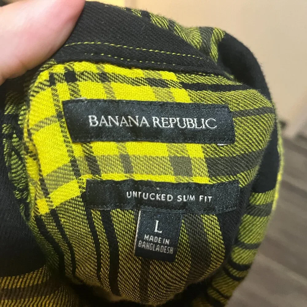 🍂 Banana Republic Yellow Black Plaid Untucked Slim Flannel Shirt M 👕